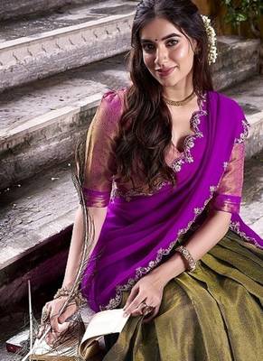 mehendi south style kanchipuram silk Lehenga set with choli and dupatta with dupatta 3
