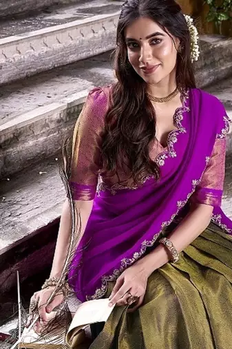mehendi south style kanchipuram silk Lehenga set with choli and dupatta with dupatta
