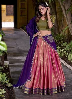 coral south style kanchipuram silk Lehenga set with choli and dupatta with dupatta 3