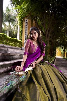 mehendi south style kanchipuram silk Lehenga set with choli and dupatta with dupatta 4