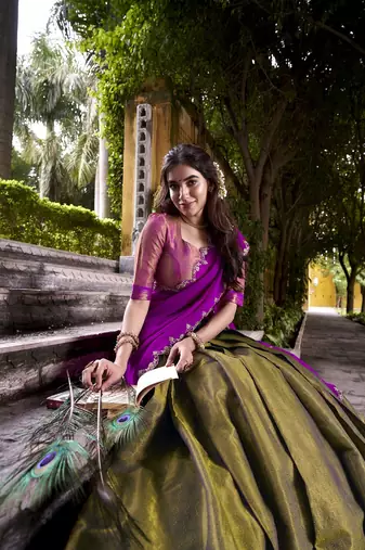 mehendi south style kanchipuram silk Lehenga set with choli and dupatta with dupatta