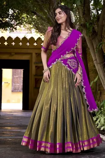 mehendi south style kanchipuram silk Lehenga set with choli and dupatta with dupatta