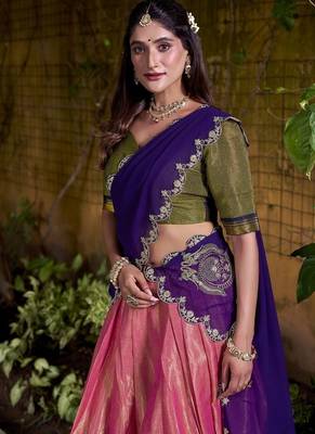 coral south style kanchipuram silk Lehenga set with choli and dupatta with dupatta 5