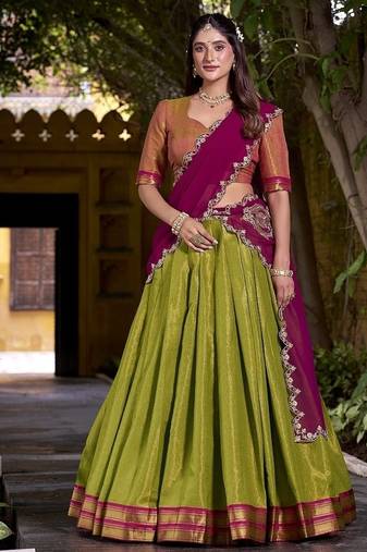 pista south style kanchipuram silk lehenga choli with dupatta