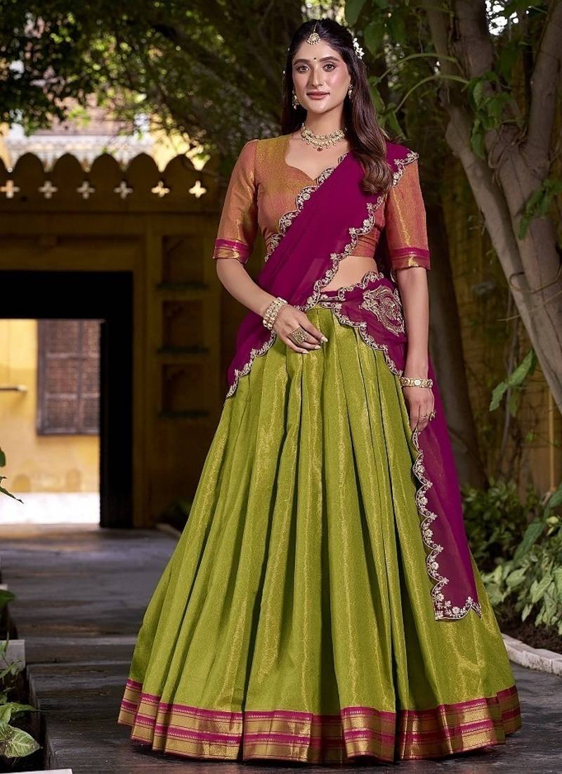 pista south style kanchipuram silk lehenga choli with dupatta