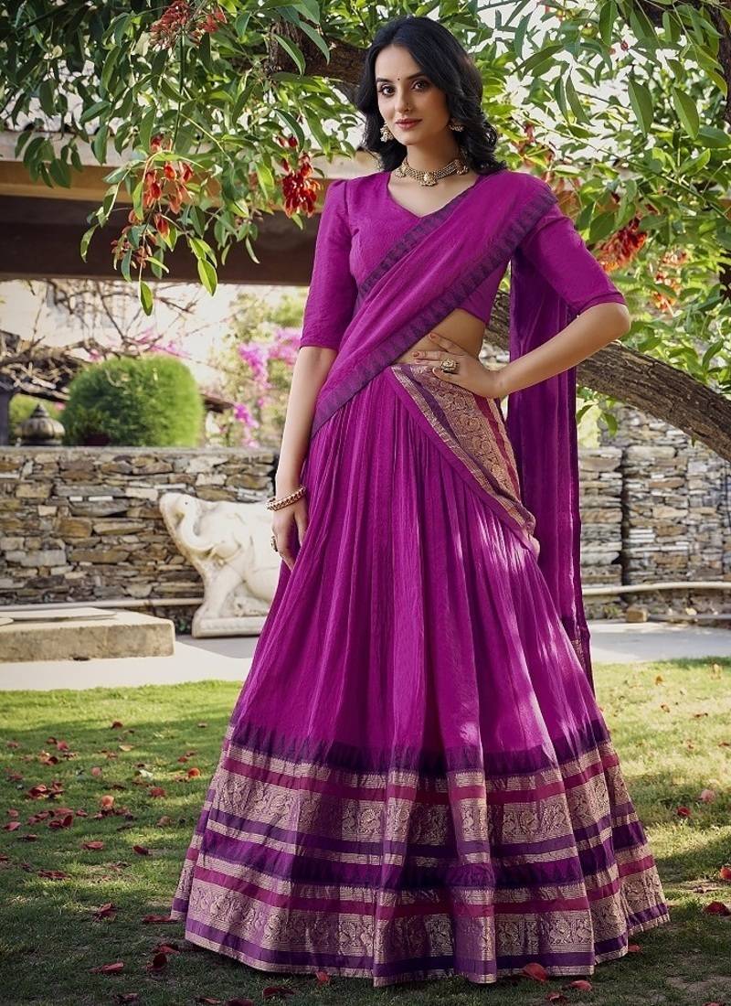 pink chanderi zari weaving border semi stitched lehenga choli with dupatta