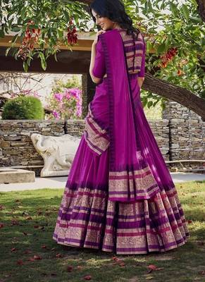 pink chanderi zari weaving border semi stitched Lehenga set with choli and dupatta with dupatta 2