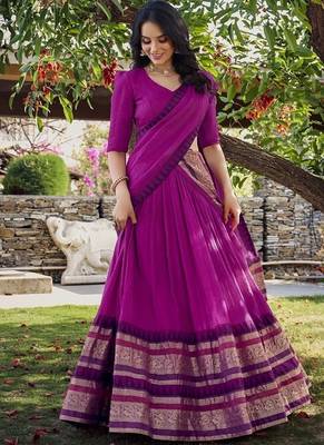 pink chanderi zari weaving border semi stitched Lehenga set with choli and dupatta with dupatta 3