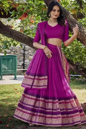 pink chanderi zari weaving border semi stitched Lehenga set with choli and dupatta with dupatta