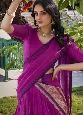 pink chanderi zari weaving border semi stitched Lehenga set with choli and dupatta with dupatta 5