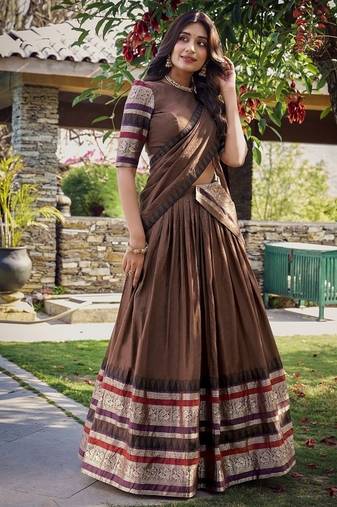 brown chanderi zari weaving border semi stitched lehenga choli with dupatta