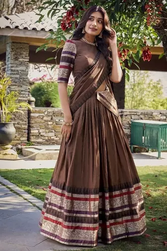 brown chanderi zari weaving border semi stitched lehenga choli with dupatta