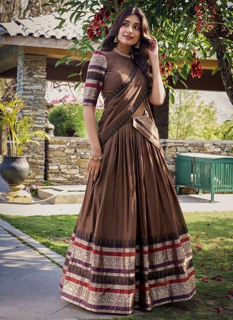 brown chanderi zari weaving border semi stitched lehenga choli with dupatta