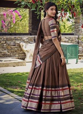 brown chanderi zari weaving border semi stitched Lehenga set with choli and dupatta with dupatta 2