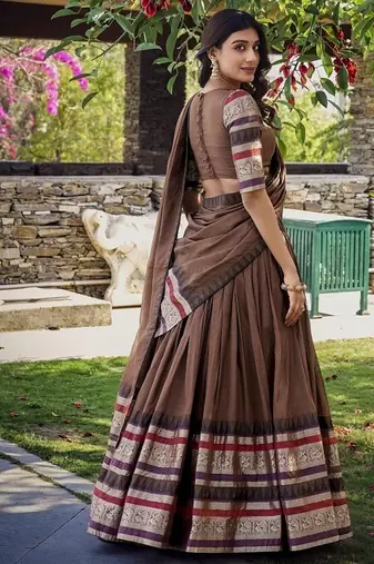 brown chanderi zari weaving border semi stitched Lehenga set with choli and dupatta with dupatta