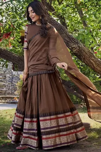 brown chanderi zari weaving border semi stitched Lehenga set with choli and dupatta with dupatta