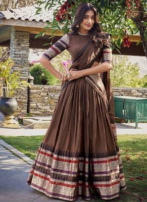 brown chanderi zari weaving border semi stitched Lehenga set with choli and dupatta with dupatta 4