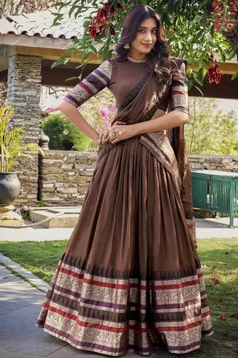 brown chanderi zari weaving border semi stitched Lehenga set with choli and dupatta with dupatta
