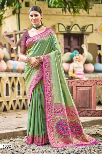 Sangam prints multi color kanjivaram silk woven work traditional saree