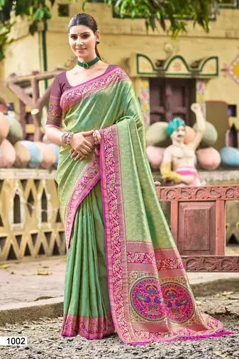 Sangam prints multi color kanjivaram silk woven work traditional saree