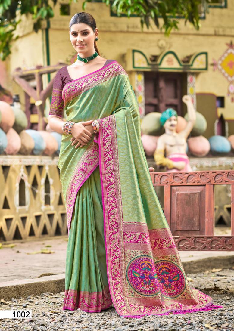 Sangam prints multi color kanjivaram silk woven work traditional saree
