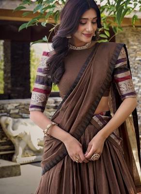 brown chanderi zari weaving border semi stitched Lehenga set with choli and dupatta with dupatta 5