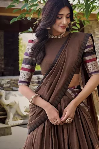 brown chanderi zari weaving border semi stitched Lehenga set with choli and dupatta with dupatta