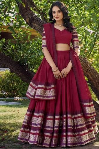 red chanderi zari weaving border semi stitched lehenga choli with dupatta