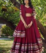 red chanderi zari weaving border semi stitched lehenga choli with dupatta