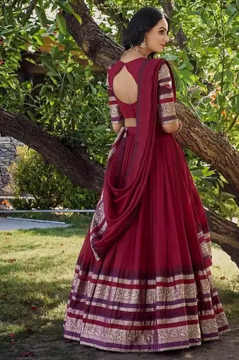 red chanderi zari weaving border semi stitched Lehenga set with choli and dupatta with dupatta