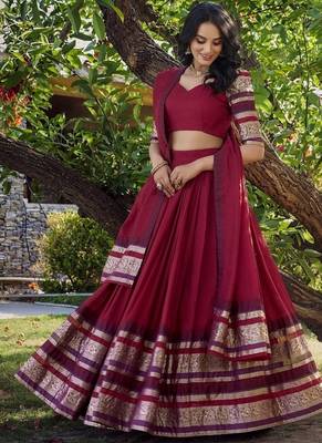red chanderi zari weaving border semi stitched Lehenga set with choli and dupatta with dupatta 3