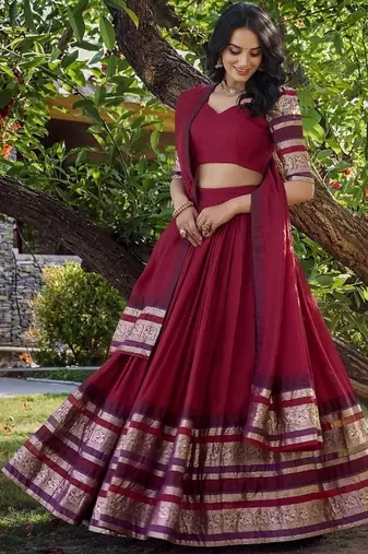 red chanderi zari weaving border semi stitched Lehenga set with choli and dupatta with dupatta