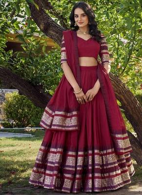 red chanderi zari weaving border semi stitched Lehenga set with choli and dupatta with dupatta 4