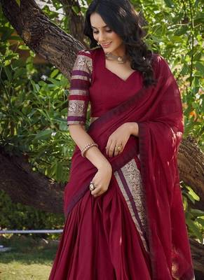 red chanderi zari weaving border semi stitched Lehenga set with choli and dupatta with dupatta 5