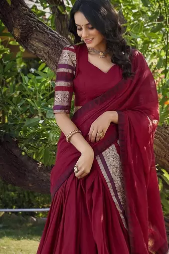 red chanderi zari weaving border semi stitched Lehenga set with choli and dupatta with dupatta