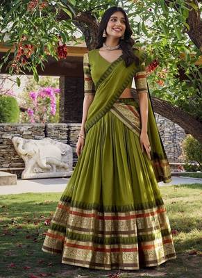 mehendi chanderi zari weaving border semi stitched Lehenga set with choli and dupatta with dupatta 1