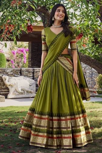 mehendi chanderi zari weaving border semi stitched lehenga choli with dupatta