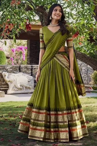 mehendi chanderi zari weaving border semi stitched lehenga choli with dupatta