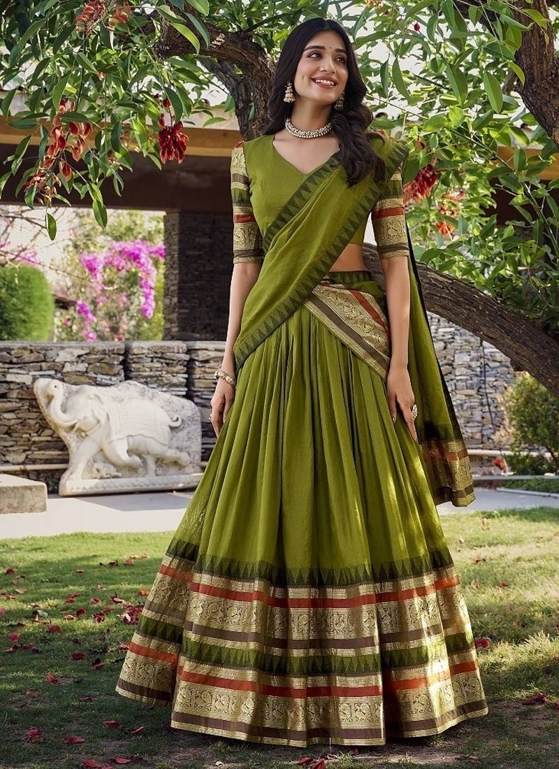 mehendi chanderi zari weaving border semi stitched lehenga choli with dupatta