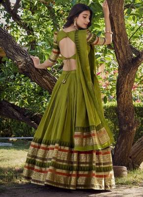 mehendi chanderi zari weaving border semi stitched Lehenga set with choli and dupatta with dupatta 2