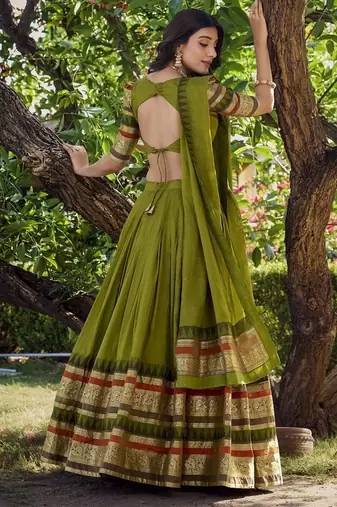 mehendi chanderi zari weaving border semi stitched Lehenga set with choli and dupatta with dupatta