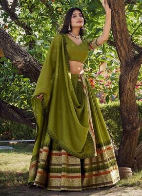 mehendi chanderi zari weaving border semi stitched Lehenga set with choli and dupatta with dupatta 3