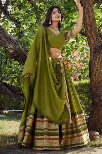 mehendi chanderi zari weaving border semi stitched Lehenga set with choli and dupatta with dupatta