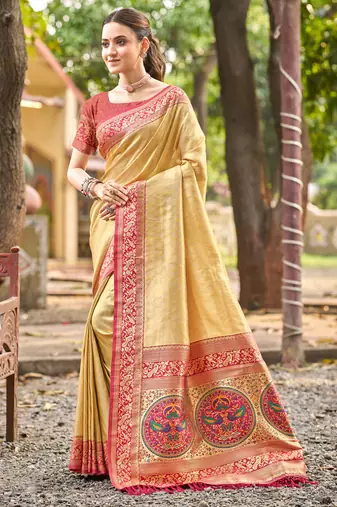 Sangam prints multi color kanjivaram silk woven work traditional saree