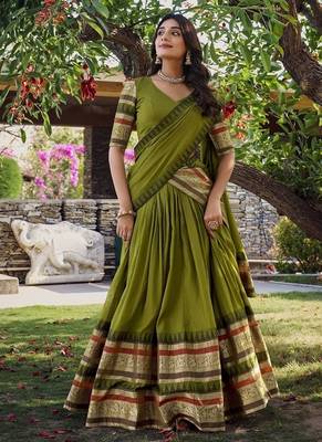 mehendi chanderi zari weaving border semi stitched Lehenga set with choli and dupatta with dupatta 4
