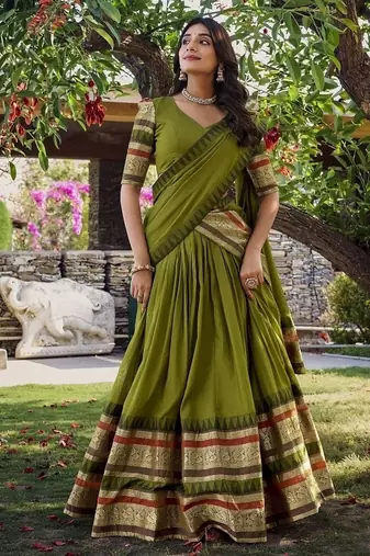 mehendi chanderi zari weaving border semi stitched Lehenga set with choli and dupatta with dupatta