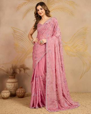 Light Pink Satin Embroidery swarovski work Saree with Unstitched Blouse  1