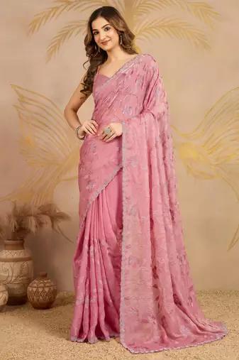 Light Pink Satin Embroidery swarovski work Saree with Unstitched Blouse 