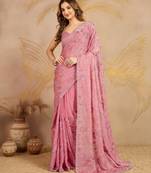 Trendmalls Light Pink Satin Embroidery swarovski work Saree with Unstitched Blouse 