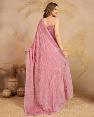 Light Pink Satin Embroidery swarovski work Saree with Unstitched Blouse  2